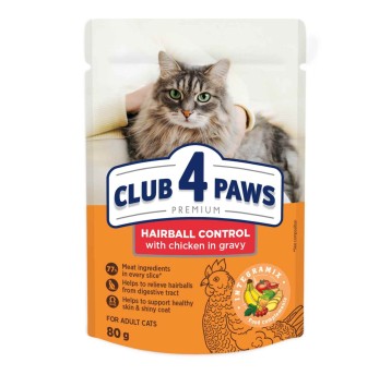 CLUB 4 PAWS Premium Kot karma mokra "Hairball control"- z kurczakiem 80g/24
