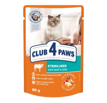 CLUB 4 PAWS Premium Kot karma mokra "Sterilised"- wołowina w galaretce 80g/24
