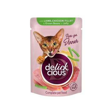 Delickcious Pełnoporcjowa karma dla kotów Kawałki z jagnięciną, kurczakiem i fasolką w galarecie 85g