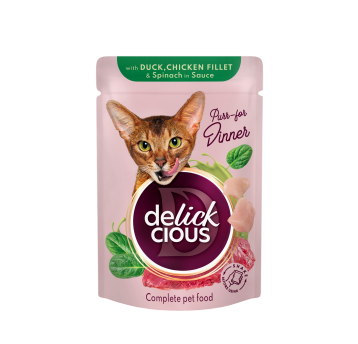 Delickcious Pełnoporcjowa karma dla kotów - Kawałki z kaczką, kurczakiem i szpinakiem w sosie 85g