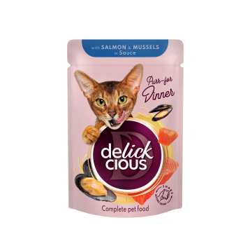 Delickcious Pełnoporcjowa karma dla kotów - Kawałki z łososiem i małżami w sosie 85g