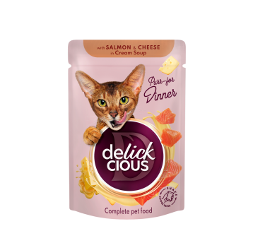 Delickcious Pełnoporcjowa karma dla kotów w saszetkach - Paski z łososiem i serem w zupie krem 85g