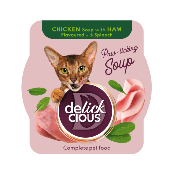 Delickcious Pełnoporcjowa karma dla kotów - Zupa z kurczaka z szynką i szpinakiem 80g/12