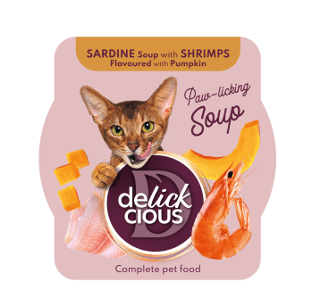 Delickcious Pełnoporcjowa karma dla kotów - Zupa z sardynek z krewetkami i dynią 80g/12