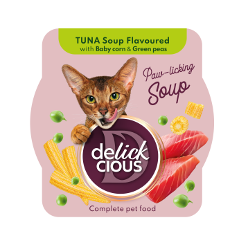 Delickcious Pełnoporcjowa karma dla kotów - Zupa z tuńczyka z kukurydzą i zielonym groszkiem 80g/12
