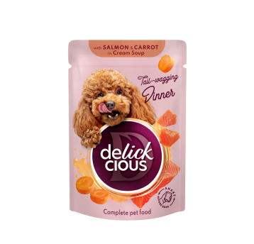 Delickcious Pełnoporcjowa karma dla psów - Paski z łososiem i marchewką w zupie krem 85g/12