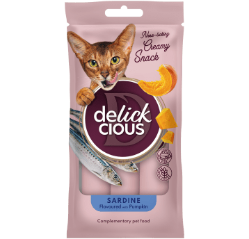 Delickcious Uzupełniająca karma dla kotów - Kremowe przysmaki Sardynka z dynią 4x15g/18
