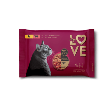 My Love Pełnoporcjowa karma w saszetkach dla dorosłych kotów z kurczakiem, wołowiną 4х85g