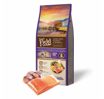 Sams Field Grain Free Salmon & Herring, karma superpremium 13 kg